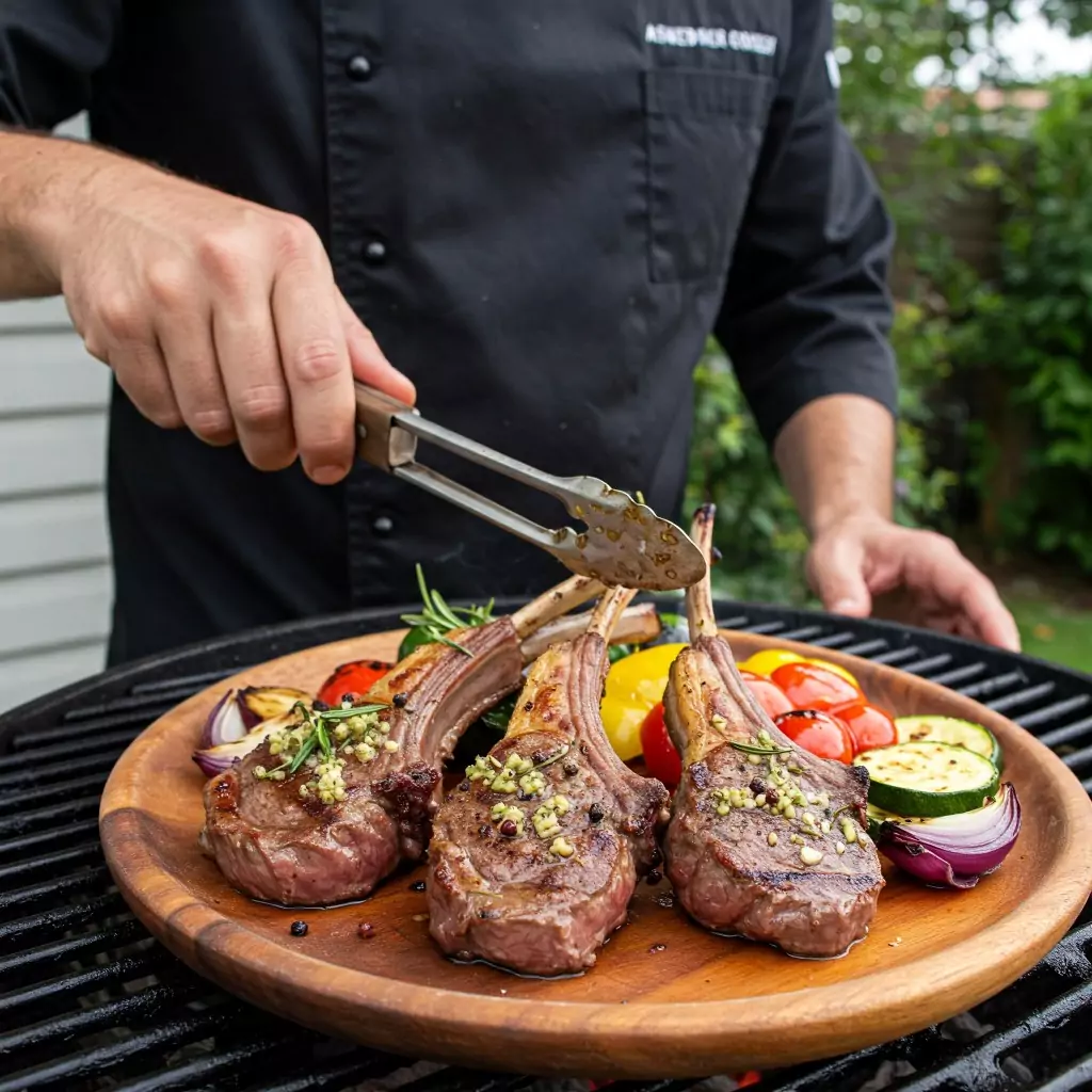 Lammkoteletts mit Rosmarin und Knoblauch vom Grill.