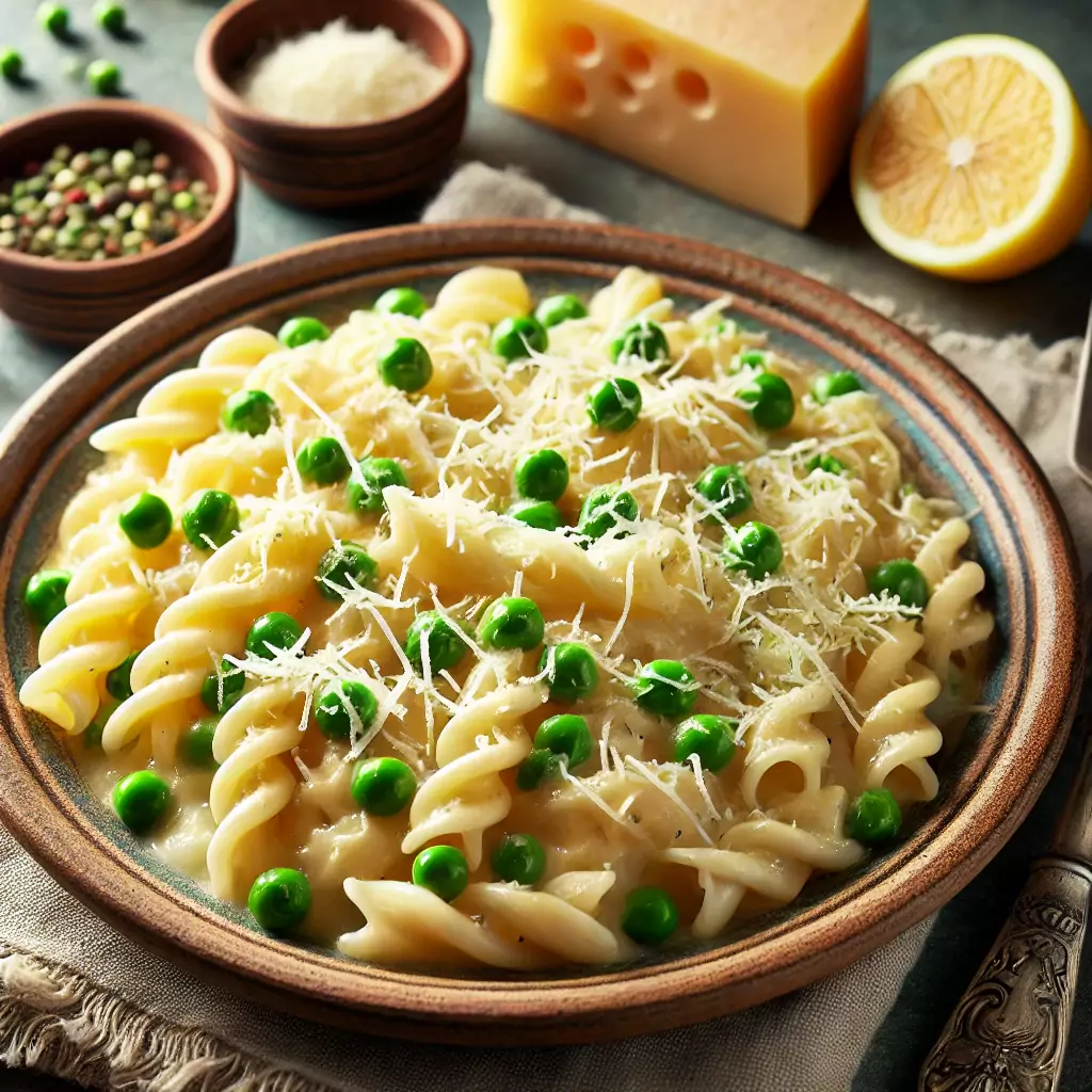 Ein Teller Spaghetti mit cremiger Käsesauce und grünen Erbsen.