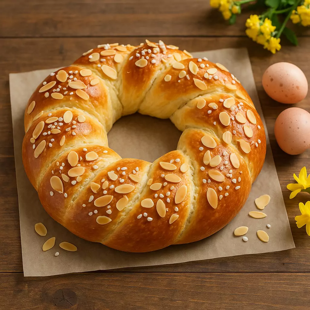 Osterzopf mit Mandeln und Hagelzucker auf Holztisch