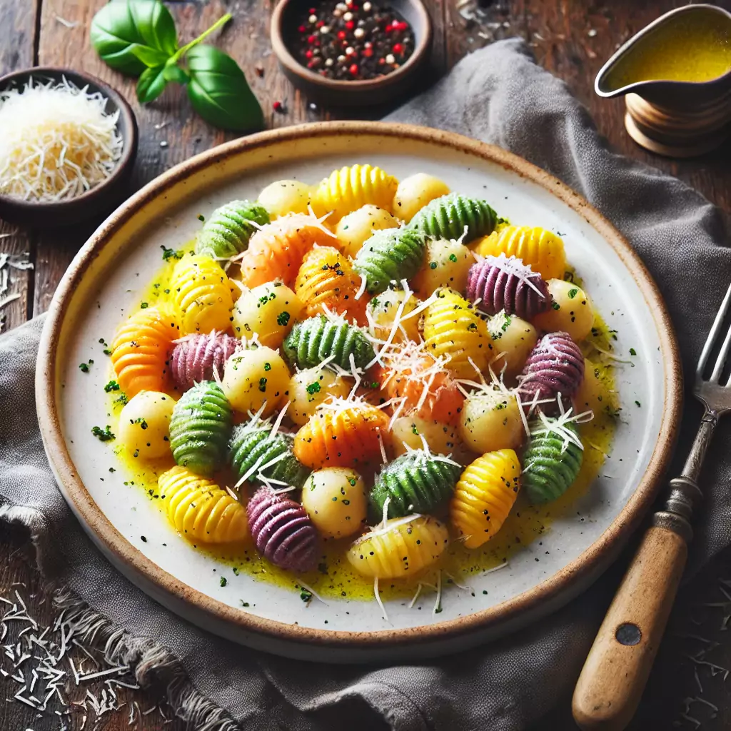 Bunte Gnocchi mit Käse-Dip, serviert auf einem rustikalen Holzbrett.