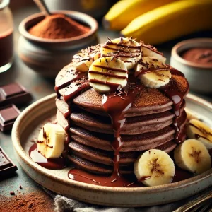 Ein Stapel Low-Carb Schoko-Bananen-Pfannkuchen mit Bananenscheiben und Schokosauce..
