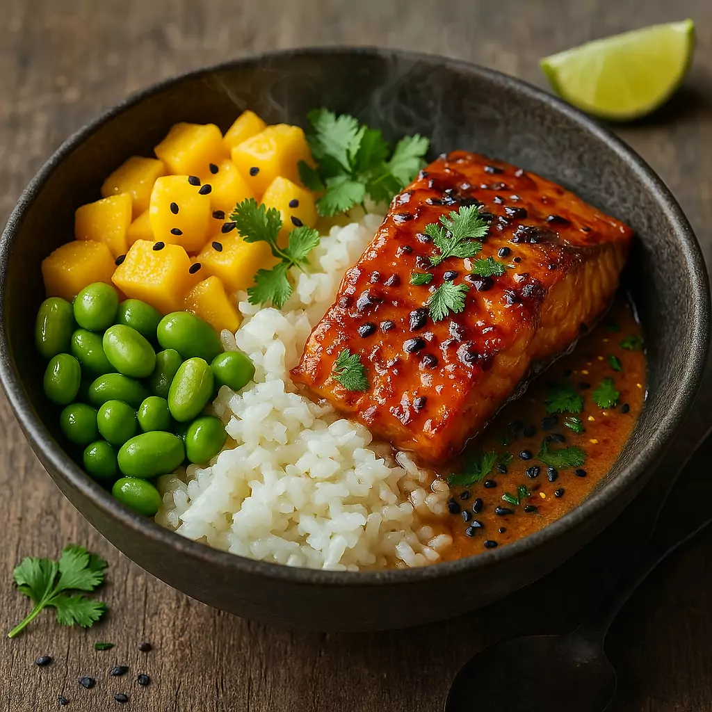 Reis-Bowl mit Mango, Lachs, Edamame und Kokosmilch