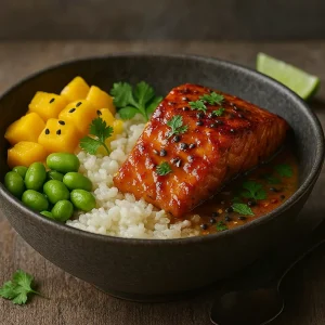 Reis-Bowl mit Mango, Lachs, Edamame und Kokosmilch