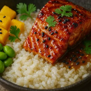 Reis-Bowl mit Mango, Lachs, Edamame und Kokosmilch