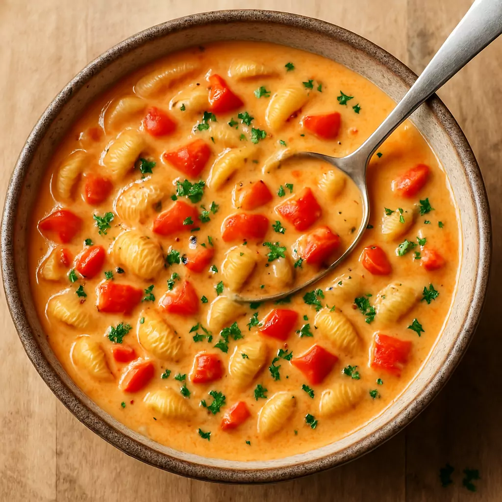 Nudel-Eintopf mit Paprika und Frischkäse in Schale