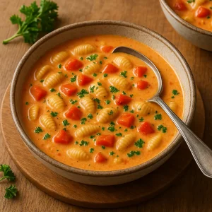 Nudel-Eintopf mit Paprika und Frischkäse in Schale