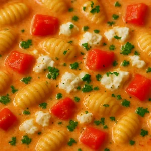 Nudel-Eintopf mit Paprika und Frischkäse in Schale