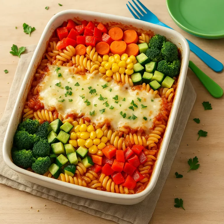 Regenbogen-Gemüse-Nudelauflauf in Auflaufform mit Käse