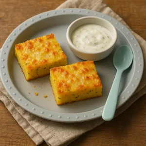 Polenta-Schnitten für Kinder mit Dip auf Teller und rotem Löffel