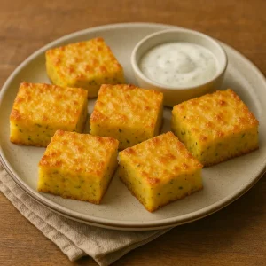 Polenta-Schnitten für Kinder mit Dip auf Teller und rotem Löffel