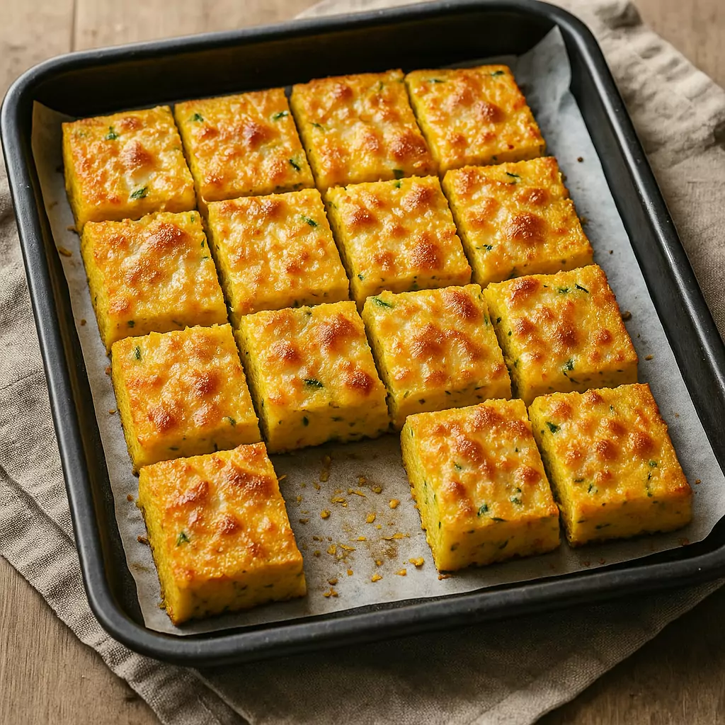 Polenta-Schnitten mit Käse auf Backblech, rechteckig geschnitten, goldbraun gebacken