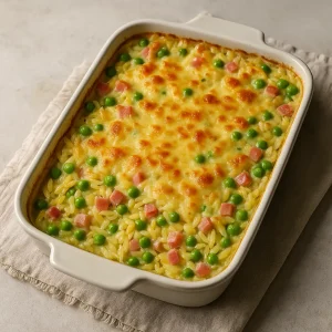 Auflauf mit Nudelreis, Erbsen, Schinken und Käse in weißer Ofenform