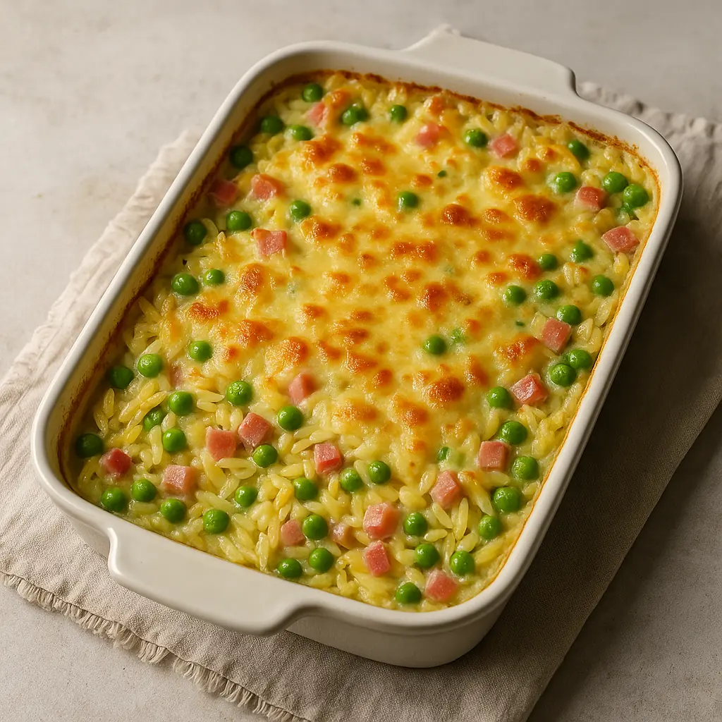 Auflauf mit Nudelreis, Erbsen, Schinken und Käse in weißer Ofenform