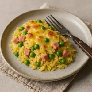 Portion Orzo-Auflauf mit Käse, Schinken und Erbsen auf Kinderteller
