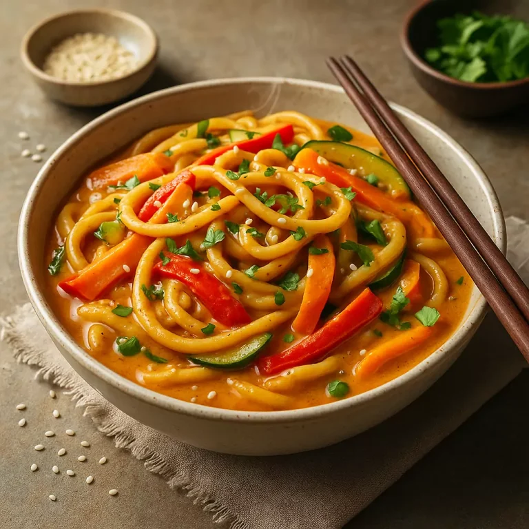 Schüssel mit Udon-Nudeln in Erdnuss-Kokos-Soße mit Gemüse