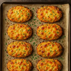 Kartoffelrösti mit Käse auf Backblech aus dem Ofen
