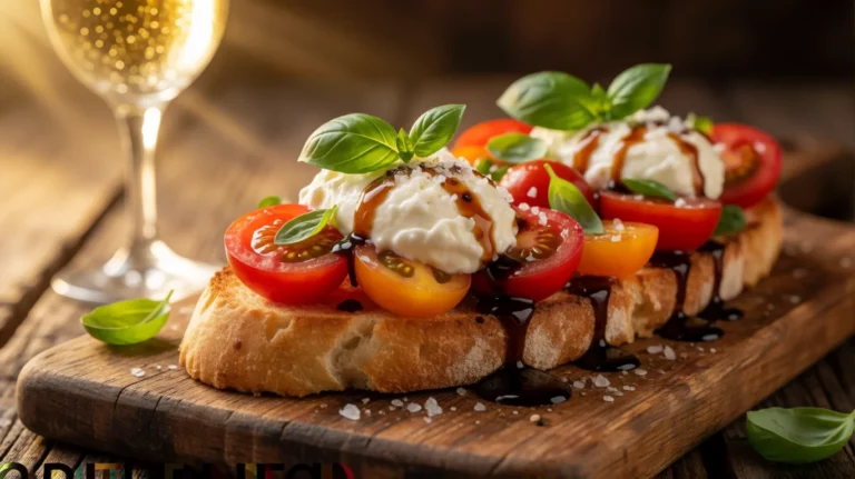 Caprese-Bruschetta mit cremigem Burrata & sonnengereiften Tomaten – angerichtet auf einem Teller