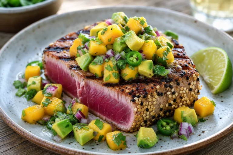 Gegrilltes Thunfisch-Steak mit Avocado-Mango-Salsa auf einem Teller, mit Sesamkruste und Limettenspalte